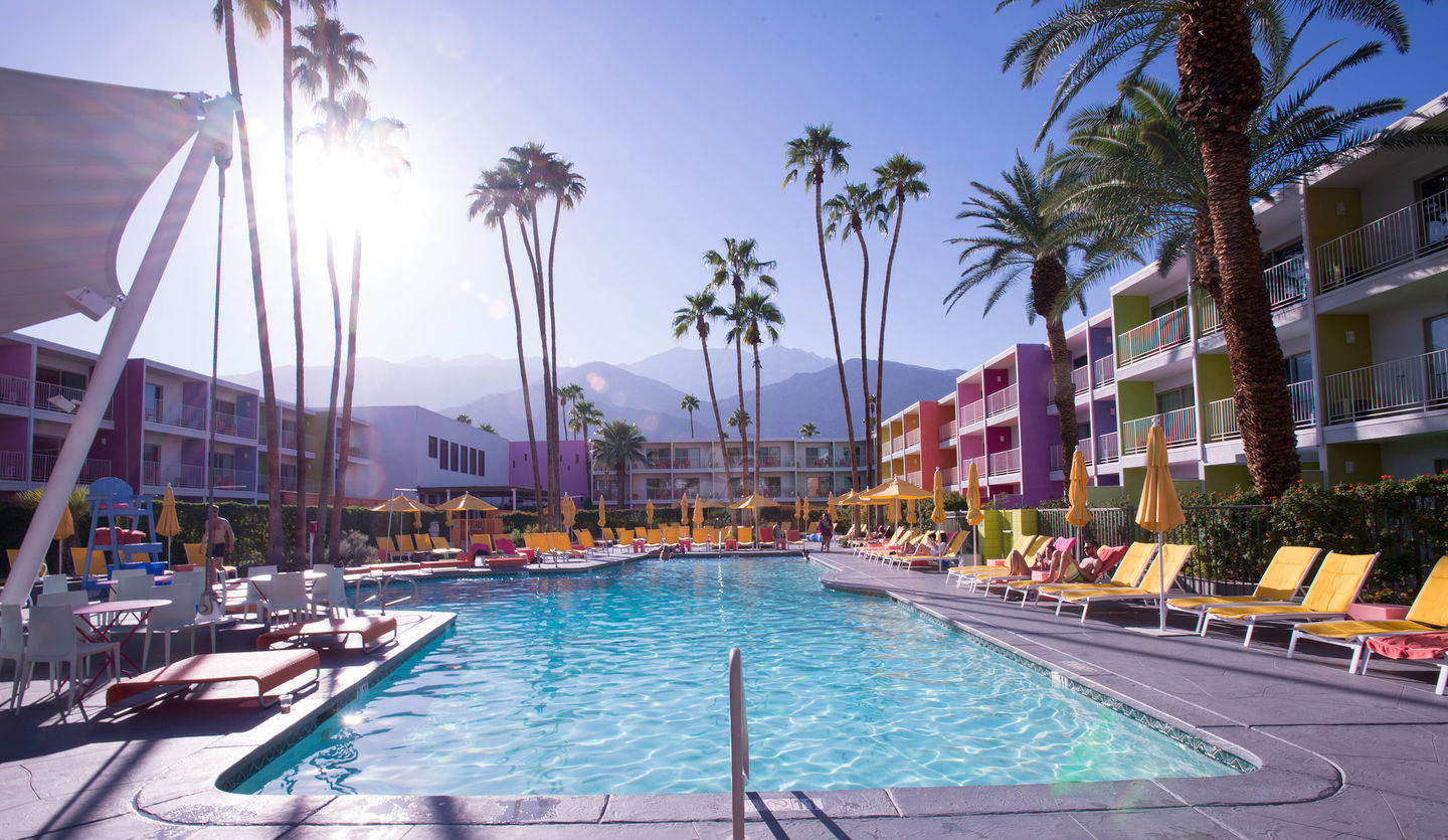 Central courtyard of the Saguaro Hotel in Palm Springs overlooking the pool and rooms