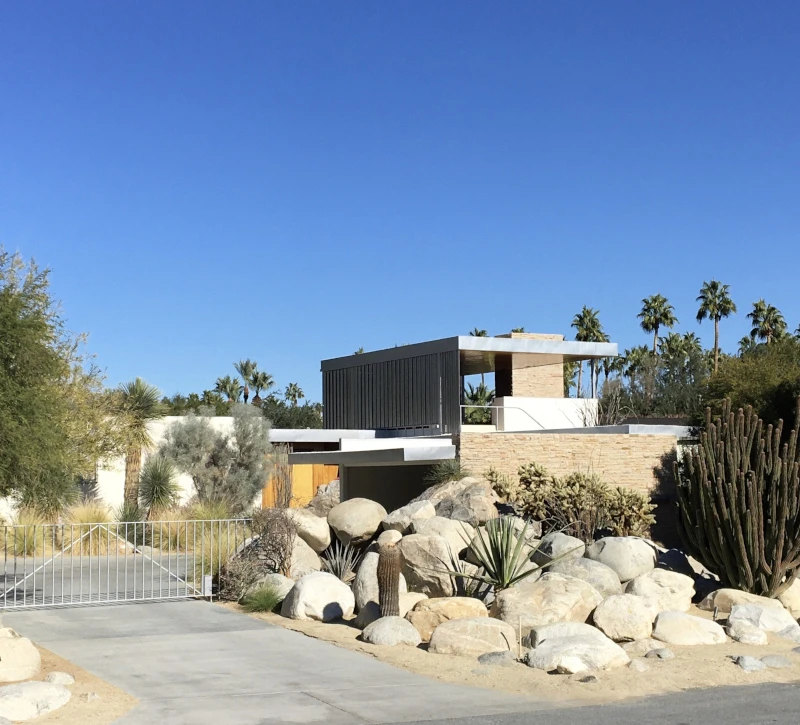 Kaufmann house from the front drive with rock and desert landscaping